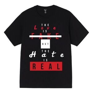 Black Graphic T-Shirt with Red and White Text